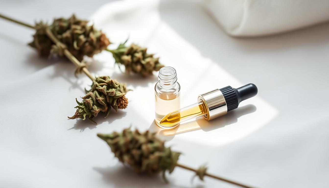 Cannabis flower and CBD oil dropper on a clean white surface
